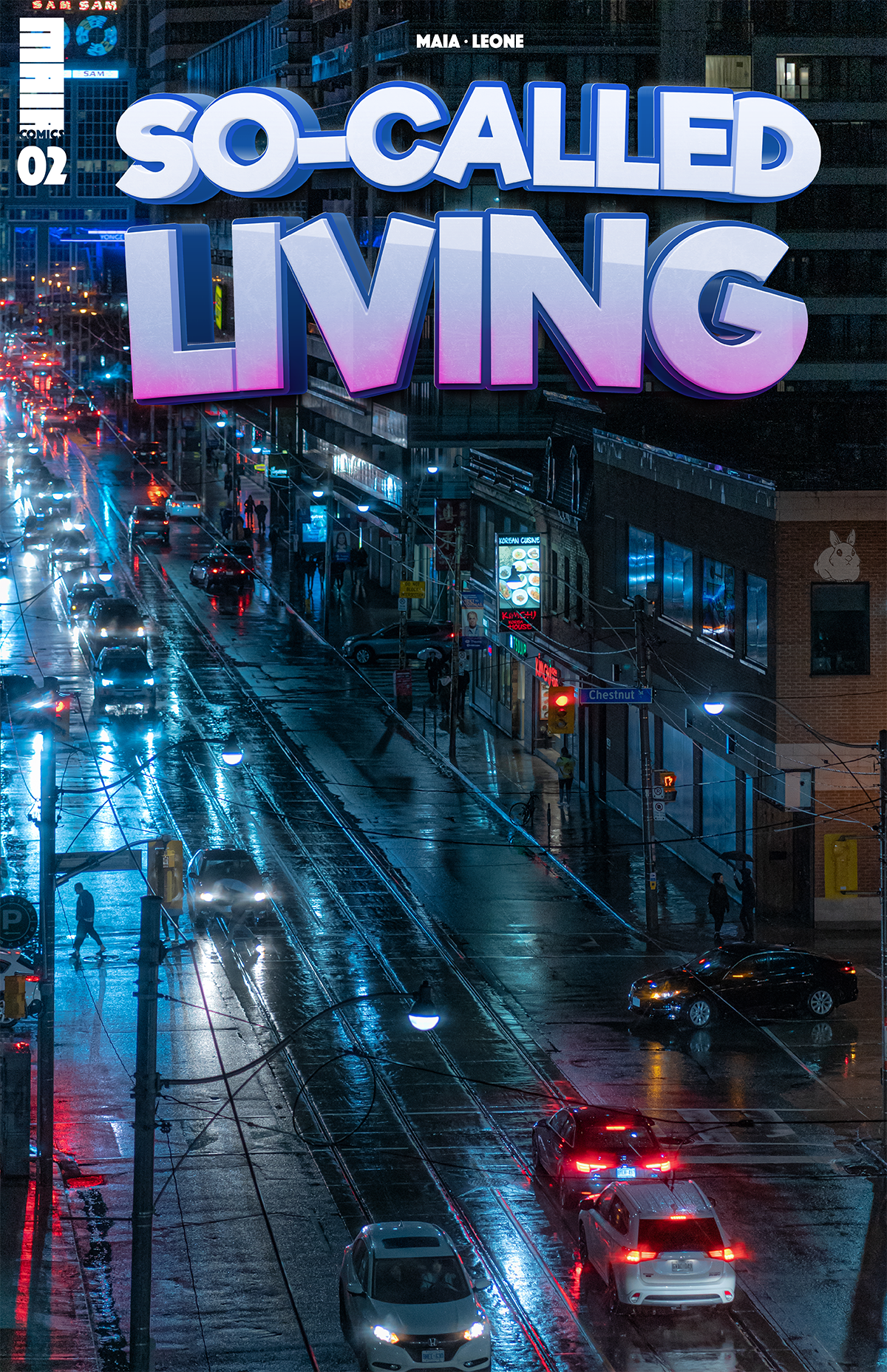 Ashton_Tekno_Elite_cover_So_Called_Living comic book guest artist. Night scape photo of Toronto with a hidden So-Called Living bunny on the side of a building