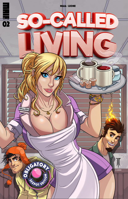 James Reihl- Guest artist cover of the obligatory sexpot cover (the sexy cosplay covers) A blonde waitress from the comc holding a tray of coffee mugs with two characters smiling and looking at her, what character has fire in his hair and there are hidden bunnies throughout the cover.