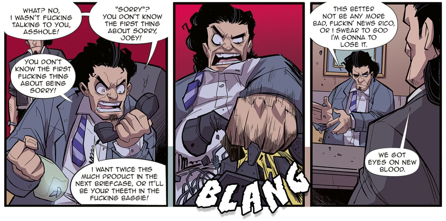 Snippet of comic strip with angry mob boss yelling at someone on the phone and slamming it down- BLANG