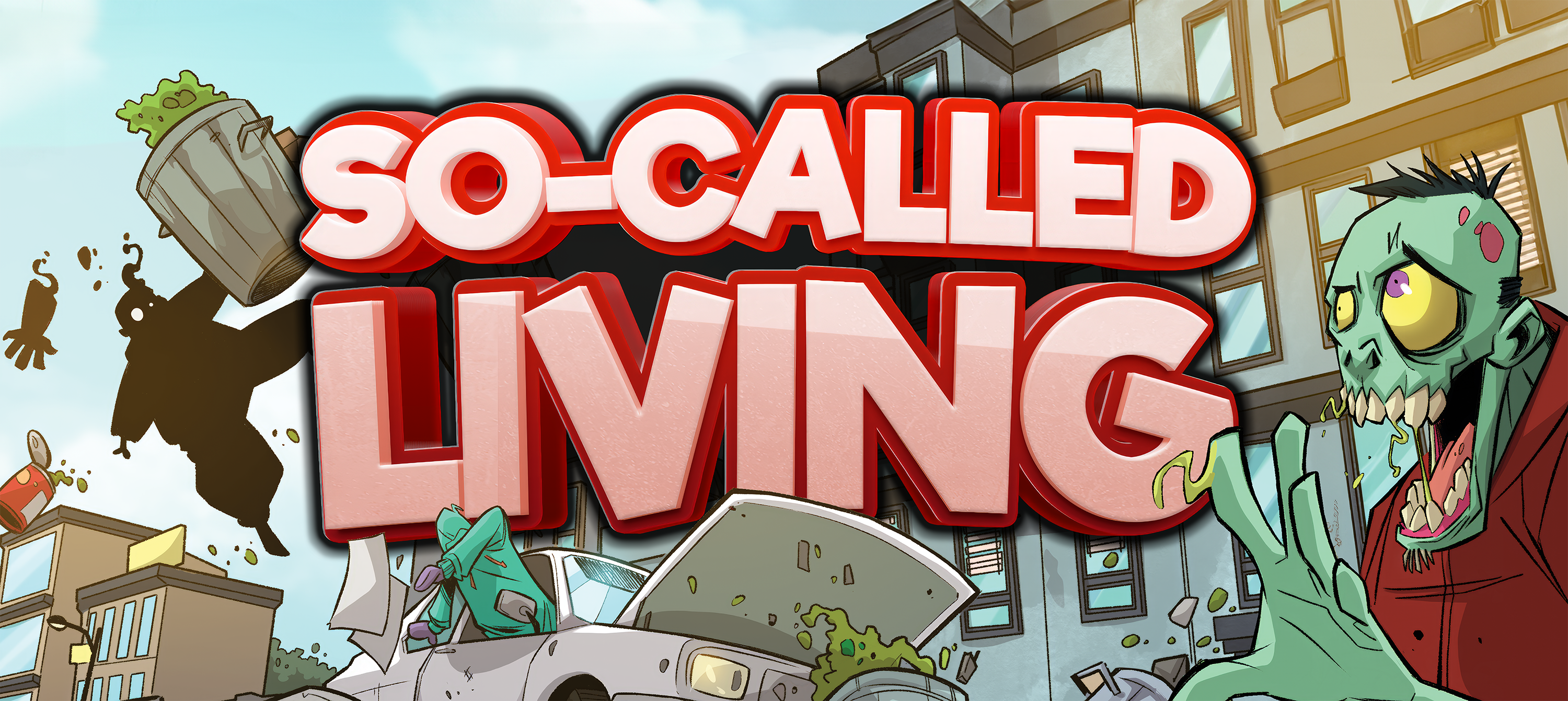 So-Called Living Comic Book Series Logo with a Zombie and a flying garbage can in the air, with a car driving down a street scape and a big Zombie in the right hand corner of the banner.